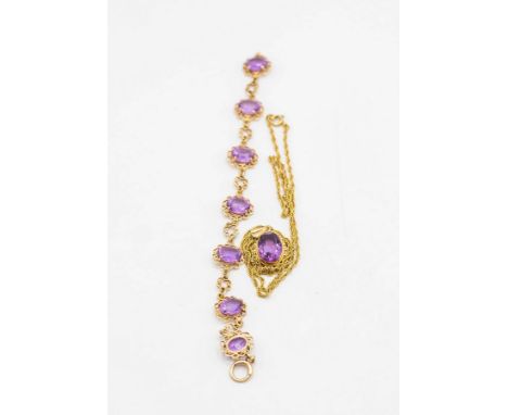 An amethyst pendant on chain and an amethyst bracelet, both set in 9ct gold, sponsor's mark RBS and hallmarked Birmingham 197
