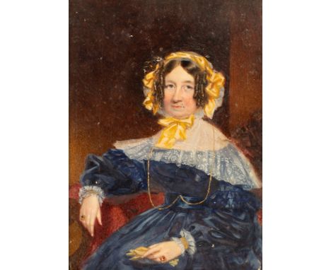 English School, circa 1840/Portrait Miniature of Juliana Strickland/three-quarter length, seated wearing a blue dress/waterco