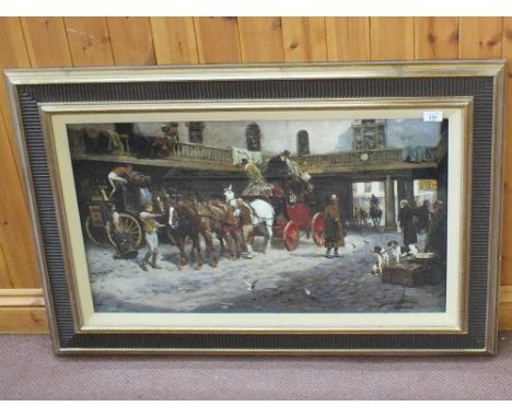 A framed coaching scene print with indistinct signature, 17" x 30"