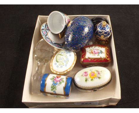 Limoges and other pill boxes, pin cushion dolls etc