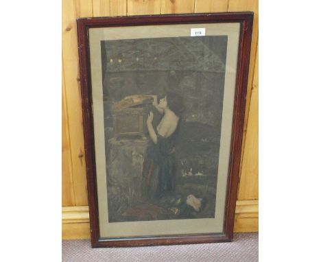 A Pre-Raphaelite Waterhourse print of Pandora, 24" x 13"