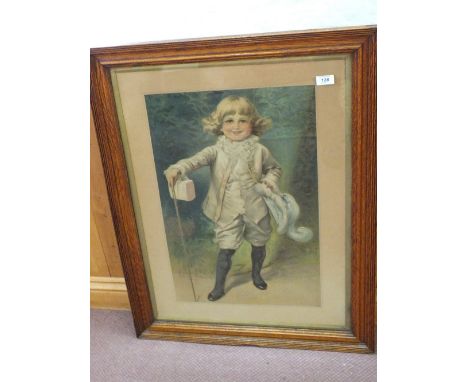 A Pears type print of a young girl with lunch box and cane, 25" x 16"