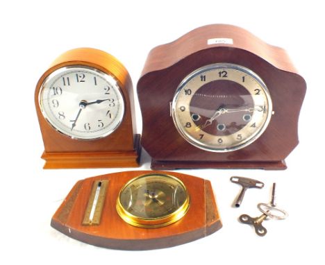 A Silver plated tray, two clocks and a barometer