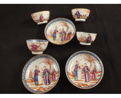 Four 18th Century Cantonese tea bowls and three saucers with figure decoration (three with light damage)