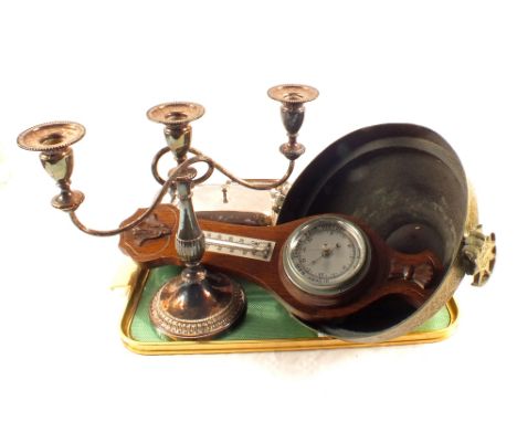 An Eastern Brass bowl, barometer plus items of Silver plate