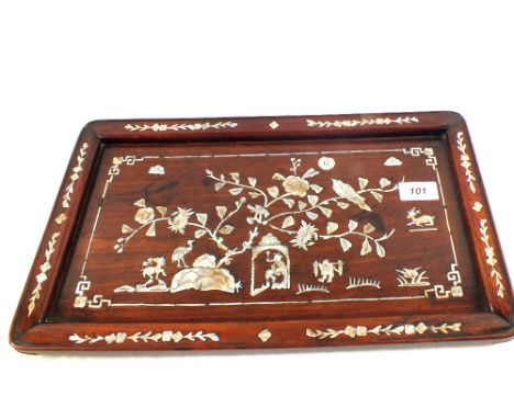An early 20th Century Chinese Mother of Pearl inlaid hardwood tray, 16 1/2" wide