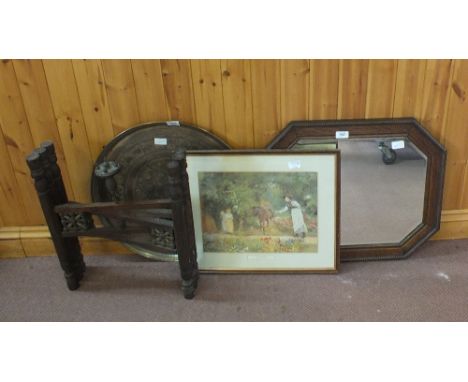 A circular Brass top folding table, an Oak mirror plus a print