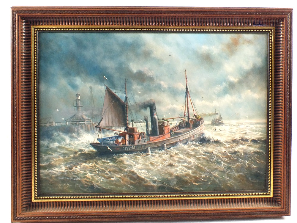 Joe Crowfoot, oil on board, titled 'LT296' leaving harbour in a storm ...