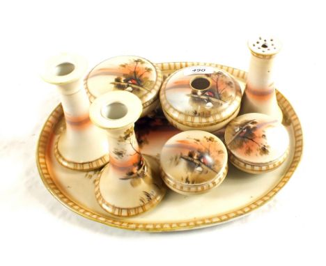 A Noritake swan and lake scene trinket set