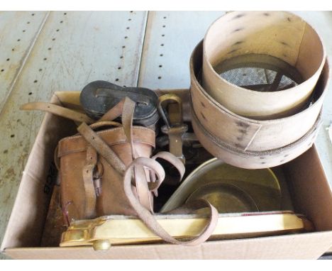 A Brass pan, kitchen scales and weights plus binoculars etc