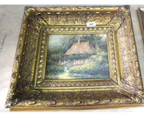 A Helen Alligham country scene print in heavy gilt frame plus a dog pastel