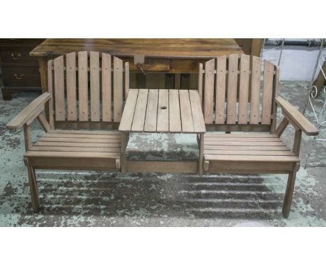 GARDEN BENCH, vintage weathered teak with two armchairs and joined centre table, 155cm W.
