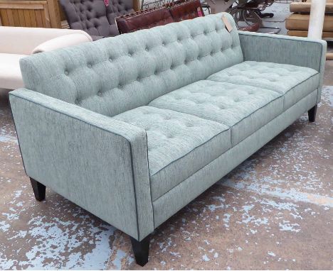 SOFA, three seater, light green with button seat and back on splayed dark legs, 190cm L x 85cm H x 80cm.