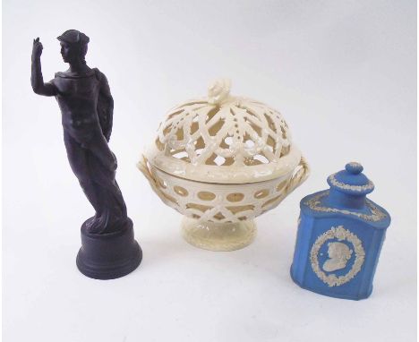 WEDGWOOD DECORATIVE CERAMICS, comprising a chestnut basket, a black basalt figure and a Jasperware tea caddy. (3)
