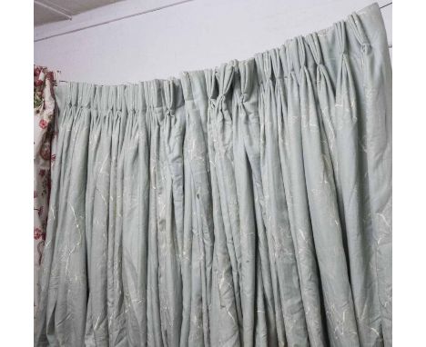 CURTAINS, two pairs, duck egg blue with embroidered detail, lined and interlined, each curtain 165cm W, gathered by 281cm dro