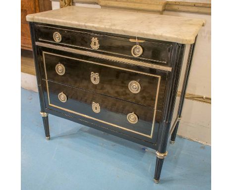 COMMODE, Directoire design ebonised and silvered metal mounted with three long drawers, fluted pilasters and white Carrara ma