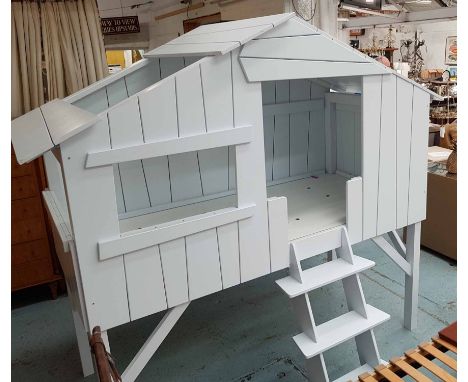 TREEHOUSE CABIN BED, 3ft wooden painted with ladder on square supports, 225cm x 127cm x 204cm H.