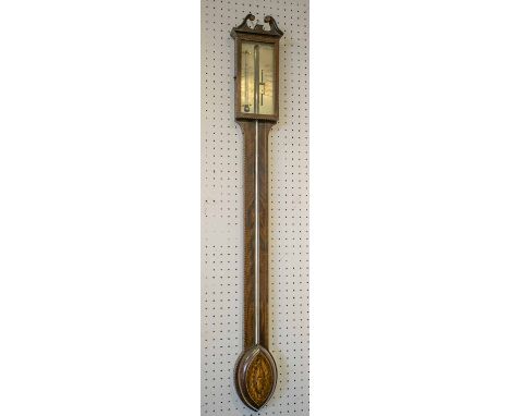 STICK BAROMETER, George III mahogany, barber's pole and insect paterae inlaid with silvered dial inscribed Morpeth, 97cm H x 