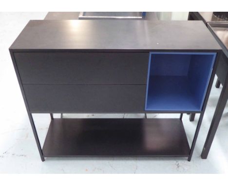 CONSOLE, with two drawers and blue detail, 94cm W x 33cm D x 80cm H. 