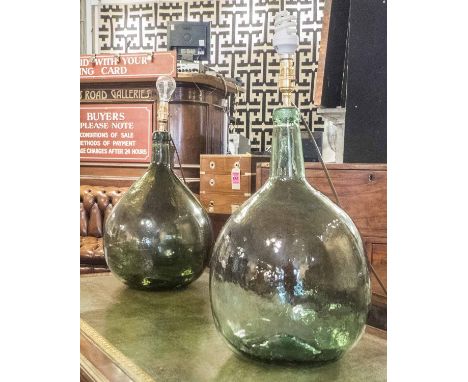 CARBUOY LAMPS, a pair, vintage green glass base with shade, 76cm H. (2)