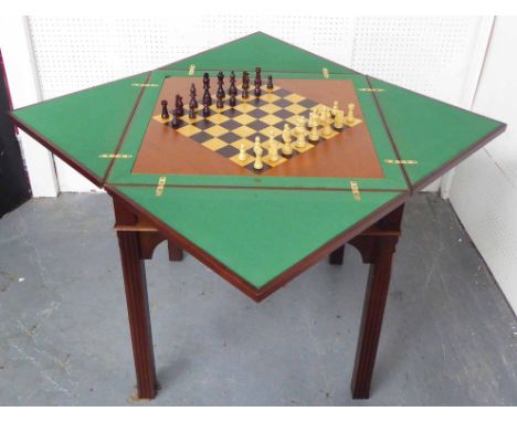 ENVELOPE GAMES TABLE, Edwardian style mahogany with fold out top enclosing green baize card playing surface with removable ce