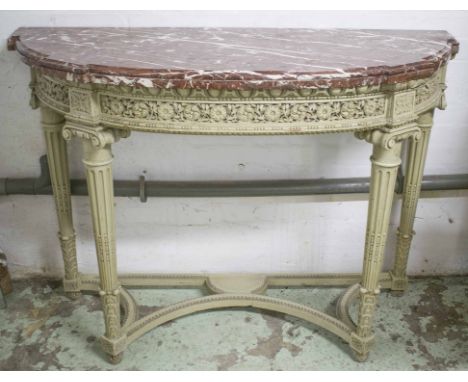 CONSOLE TABLE, late 19th/early 20th century French Louis XVI style grey painted demi lune with double rouge marble top, 138cm
