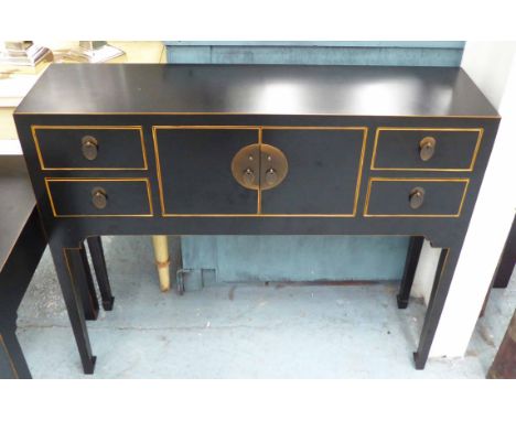 CONSOLE TABLE, Chinese style in black lacquer with four drawers and cupboard on square supports, 100cm x 26cm x 84cm H.