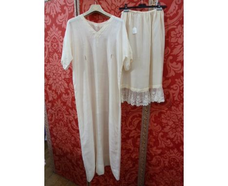 Cream silk full-length nightgown with drawn thread V-neck detail to the collar and to the sleeves, light embroidery and four 