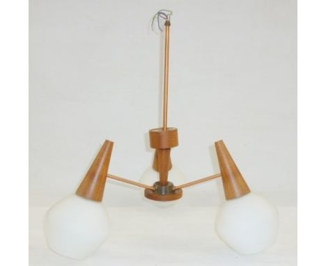 20th century three-branch ceiling light, wooden, with white translucent shades, 52cm approx 