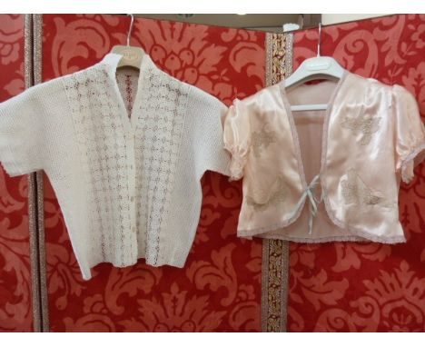 Edwardian crocheted blouse and a satin bed jacket, applique design and appliqued pockets, lace edging, in apricot satin (2)Co