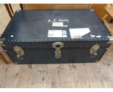 Large vintage travelling trunk with British Parcel Service label, containing a quantity of assorted scarves, gloves, little b