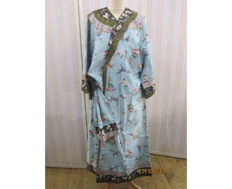 1920s Raw Silk Dressing Robe/Lounge Wear with sash belt&nbsp;in turquoise with cranes and flower design (originally from Sing