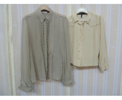 Nicole Farhi grey chiffon blouse, pintucked, frayed frill, faux-pearl buttons, cuffs with faux-pearl cufflinks, an Isabel Mar
