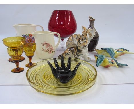 Two Beswick pottery woodpeckers, a USSR model tiger, a USSR model cat, a 20th century glass and ceramic jugs, etc (13)Conditi