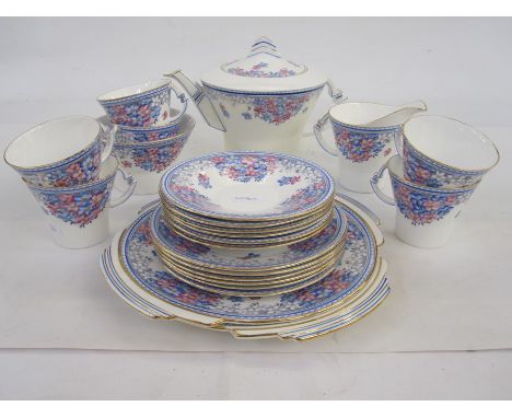 Royal Albert tea service, for six, with angular handles, teapot and bread and butter plates, floral decorated, reg no.794028 