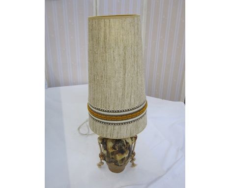 West German style pottery vase/table lamp with large cylindrical beige shade, decorated with brown, orange and cream ribbon, 