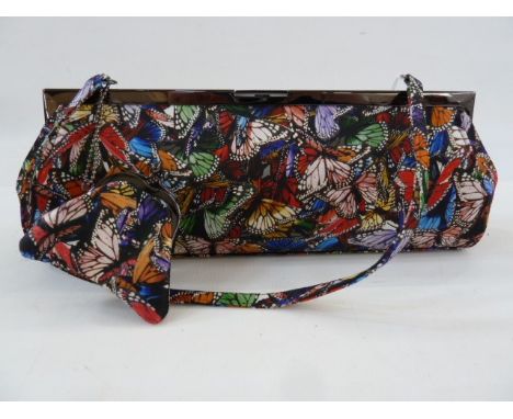 Philip Treacy silk handbag printed with butterflies, attached purse, fabric handle and original dust bag 