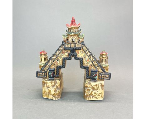 A 1920's Chinese painted 'chalk' pottery pagoda bridge. (one pagoda detached but fits cleanly) H. 34cm. Prov. F. Collins coll