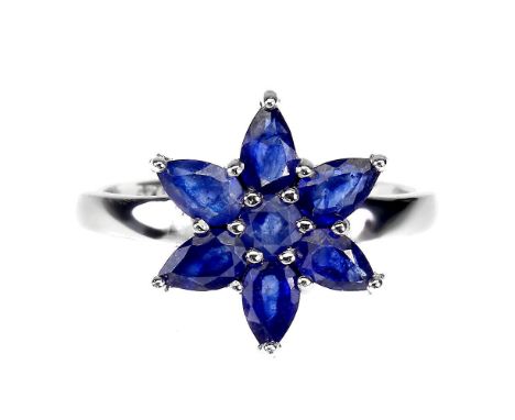 A 925 silver cluster ring set with pear and round cut sapphires, ring size N.5.