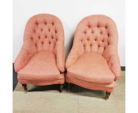 A pair of upholstered button backed armchairs, H. 95cm.