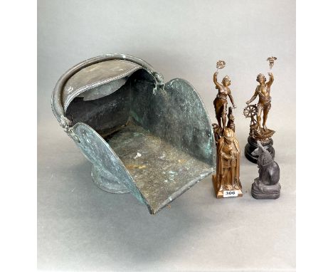 A vintage bronzed metal knight table lighter with a pair of spelter figures and a Egyptian cat figure, tallest H. 33cm with a