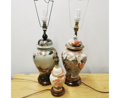 A group of two large Japanese porcelain table lamps. H. 49cm. Together with a further smaller lamp.