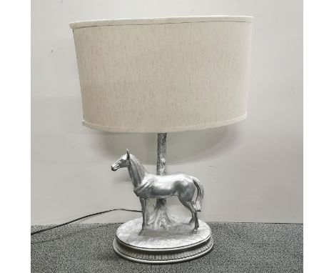 An attractive composition race horse table lamp and shade, H. 64cm.