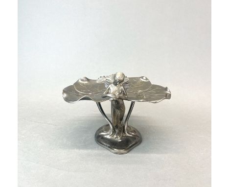 An Art Noveau style bronze figure of a fairy with a lily pad, H. 20cm W. 28cm.