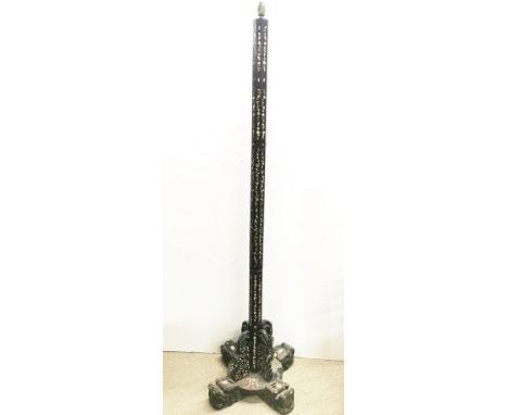 An oriental carved hardwood and mother of pearl inlaid standard lamp, H. 176cm.