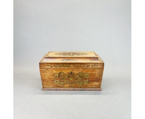 A lovely Regency brass inlaid rosewood veneered tea caddy, W. 36cm, H. 19cm.