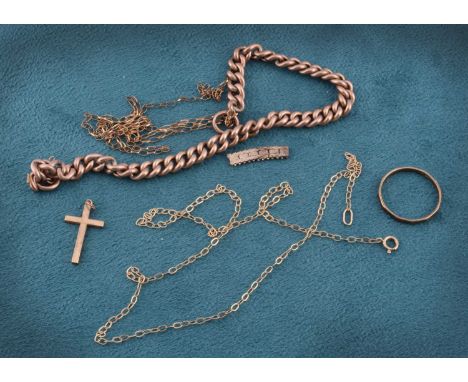 A quantity of 9ct gold, including a rose gold curb link bracelet, a faceted wedding band, ring size O, 2mm wide, a cross pend