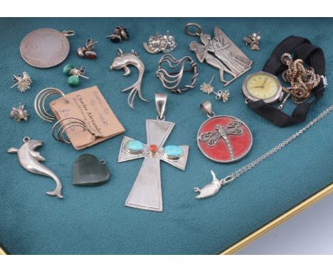 A gem set Celtic cross, together with an Egyptian style pendant, various silver gem set jewels and an art deco lady's dress w