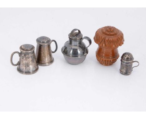 Four miniature silver peppers and a silver thimble, AF, including a pair of covered tankards, a sifter and a Jersey milk chur