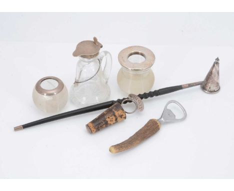 A small group of collectable silver and other items, including a c1960s silver candle snuffer, two glass match strikes, a gla